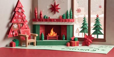 The primary subject of the image is a fireplace with a fire burning in it. The fireplace is surrounded by a Christmas scene, featuring a chair, a tree, and a star. The setting is a cozy and festive environment, likely inside a home. The visual style of the image is a combination of digital art and illustration, creating a realistic and festive atmosphere. The colors and mood of the image are predominantly red and green, representing the holiday season.
